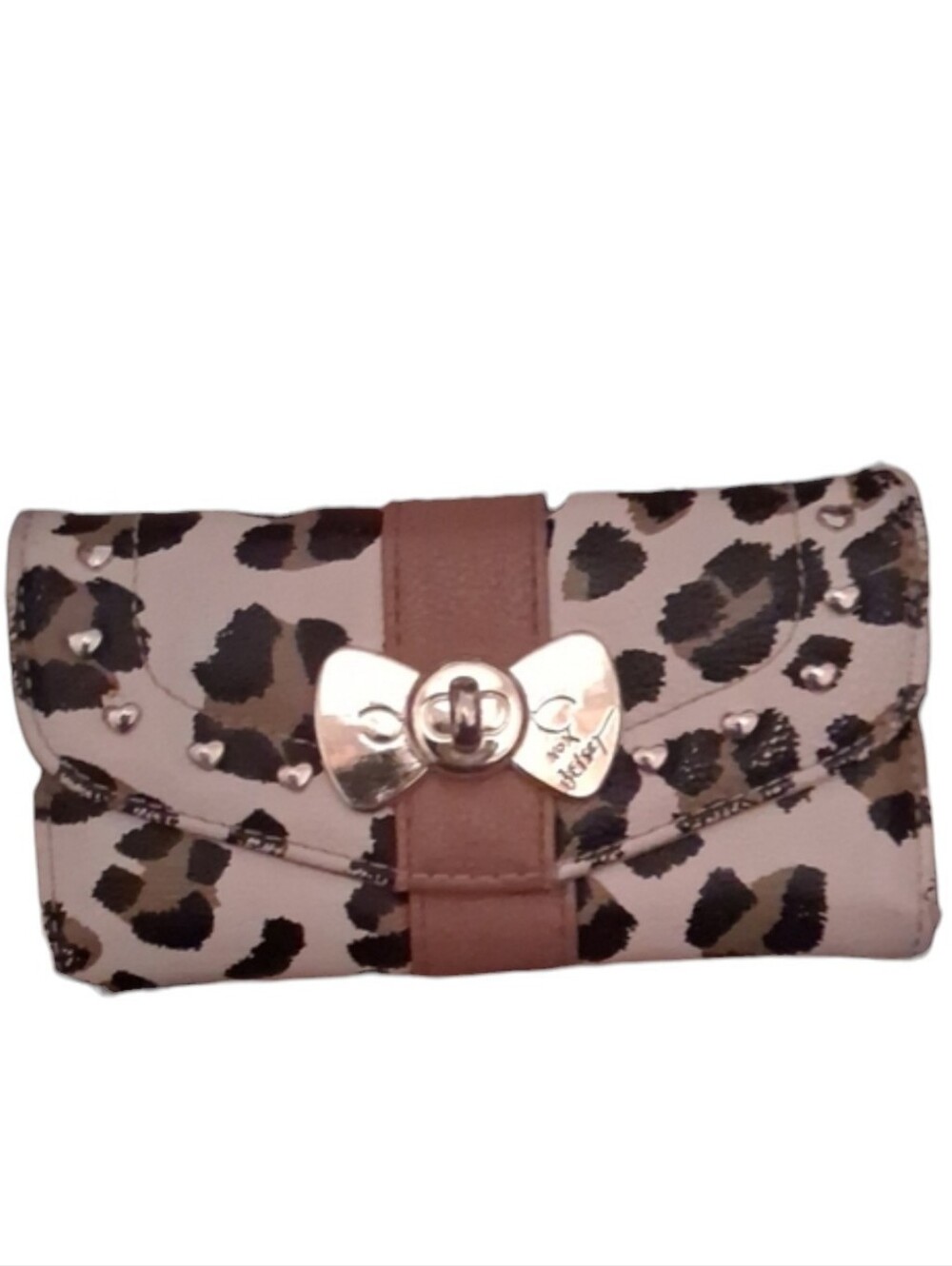 Betsey Johnson Beige Tan Black Animal Print Gold Metal Bow-Accent Wallet 6.5x4